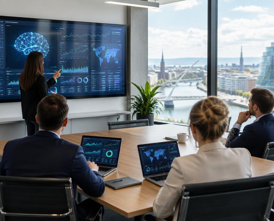 Professionals reviewing AI analytics dashboards in a Dublin office