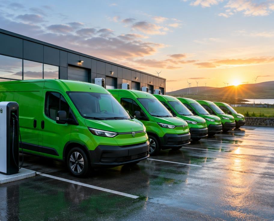 Green electric postal vans at a depot