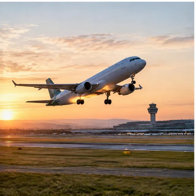 Passenger aircraft taking off at sunrise