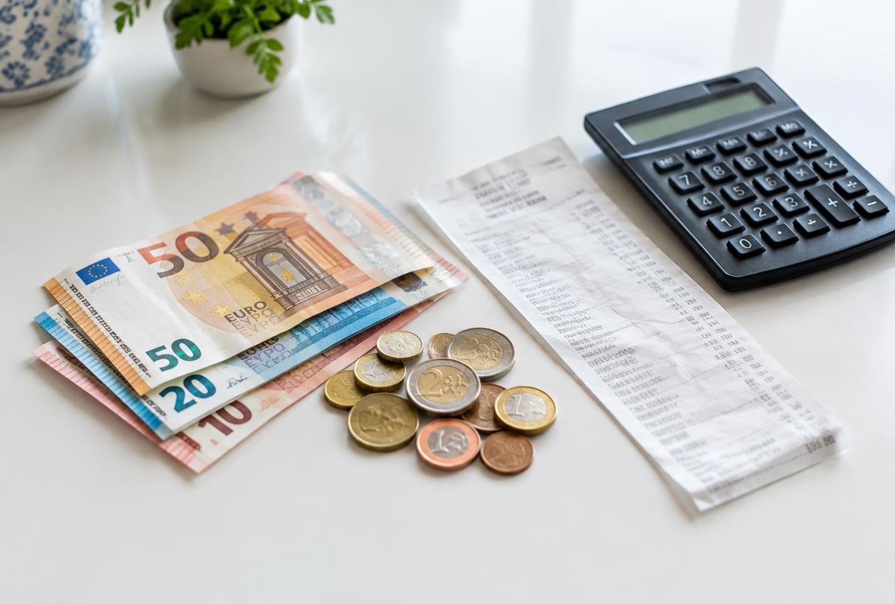 Euro banknotes and coins beside a grocery receipt and calculator
