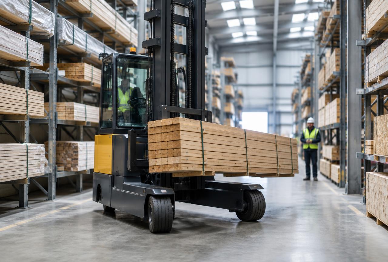 Illustrative multidirectional forklift truck carrying long timber loads through a narrow high-density warehouse aisle