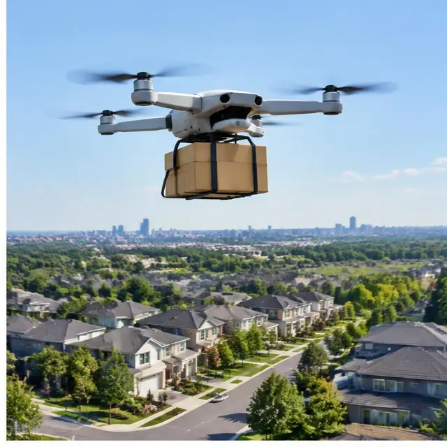 Delivery drone flying above a neighbourhood
