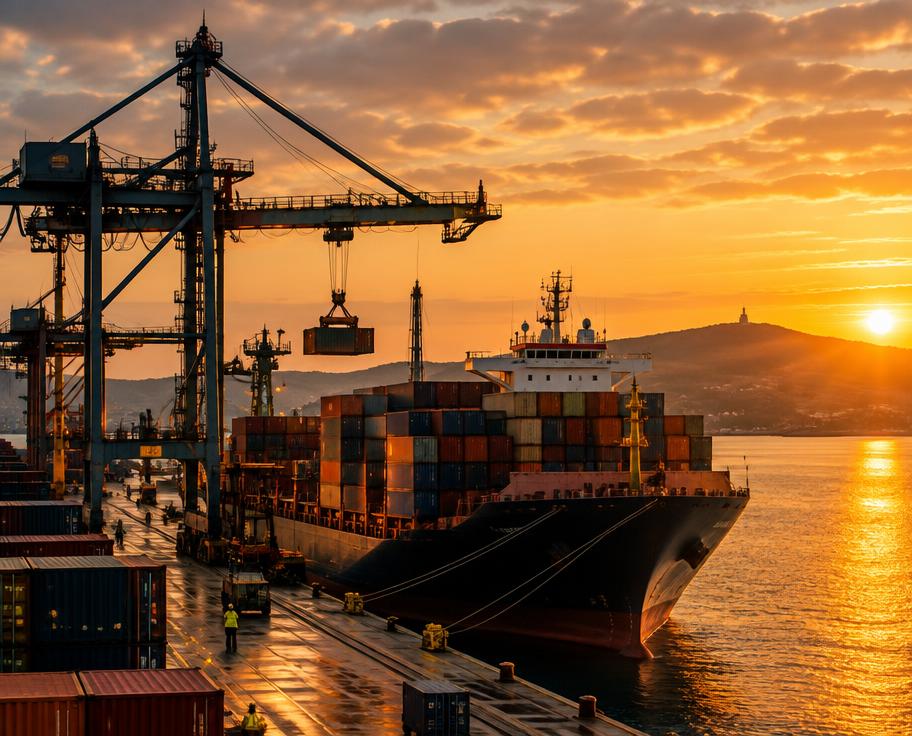 Cargo ship loading at an Irish port at sunset