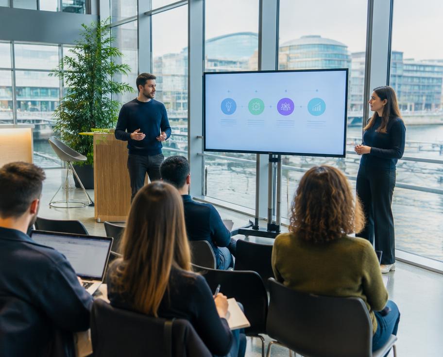 Startup founders pitching at a Dublin accelerator