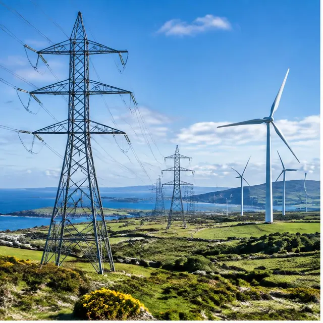 Electricity grid and wind turbines across the Irish landscape