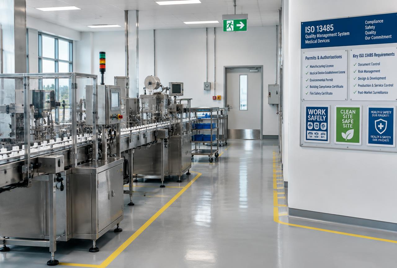 A clean medical device manufacturing floor with safety markings and a compliance notice board