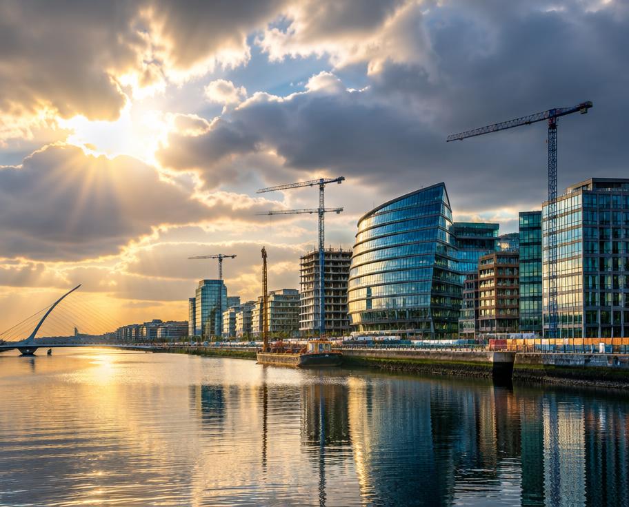 Dublin docklands skyline with construction cranes