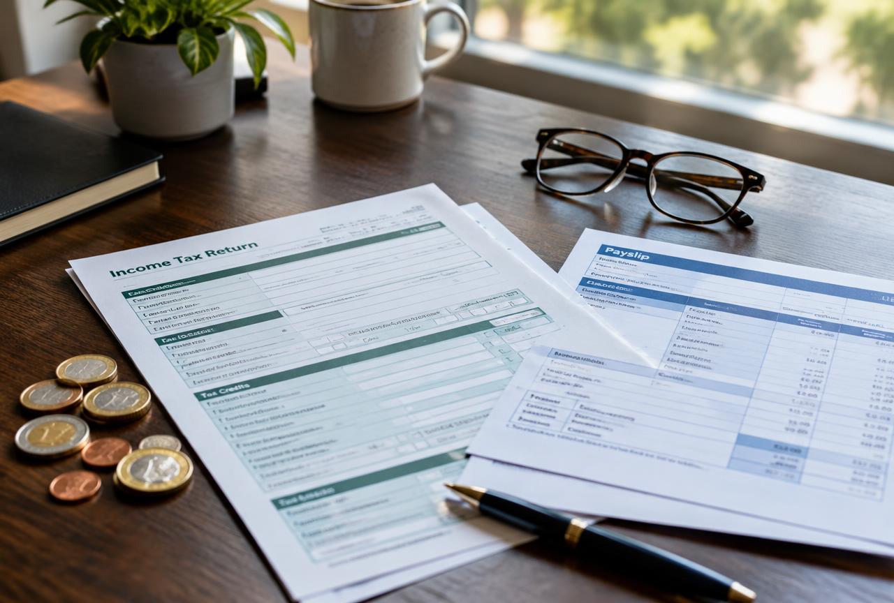 Tax forms, a payslip and euro coins on an oak desk in morning light