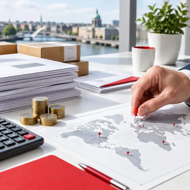 Hand marking a world map beside tax paperwork, euro coins and a calculator