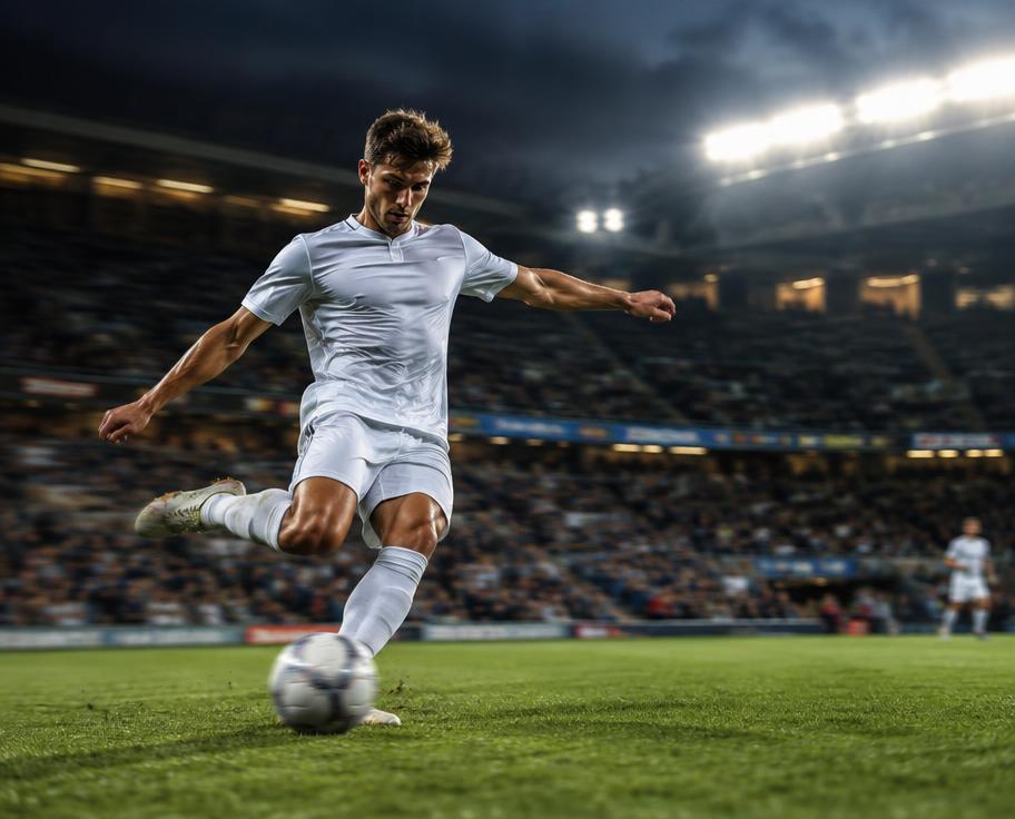 Soccer player striking a ball under floodlights