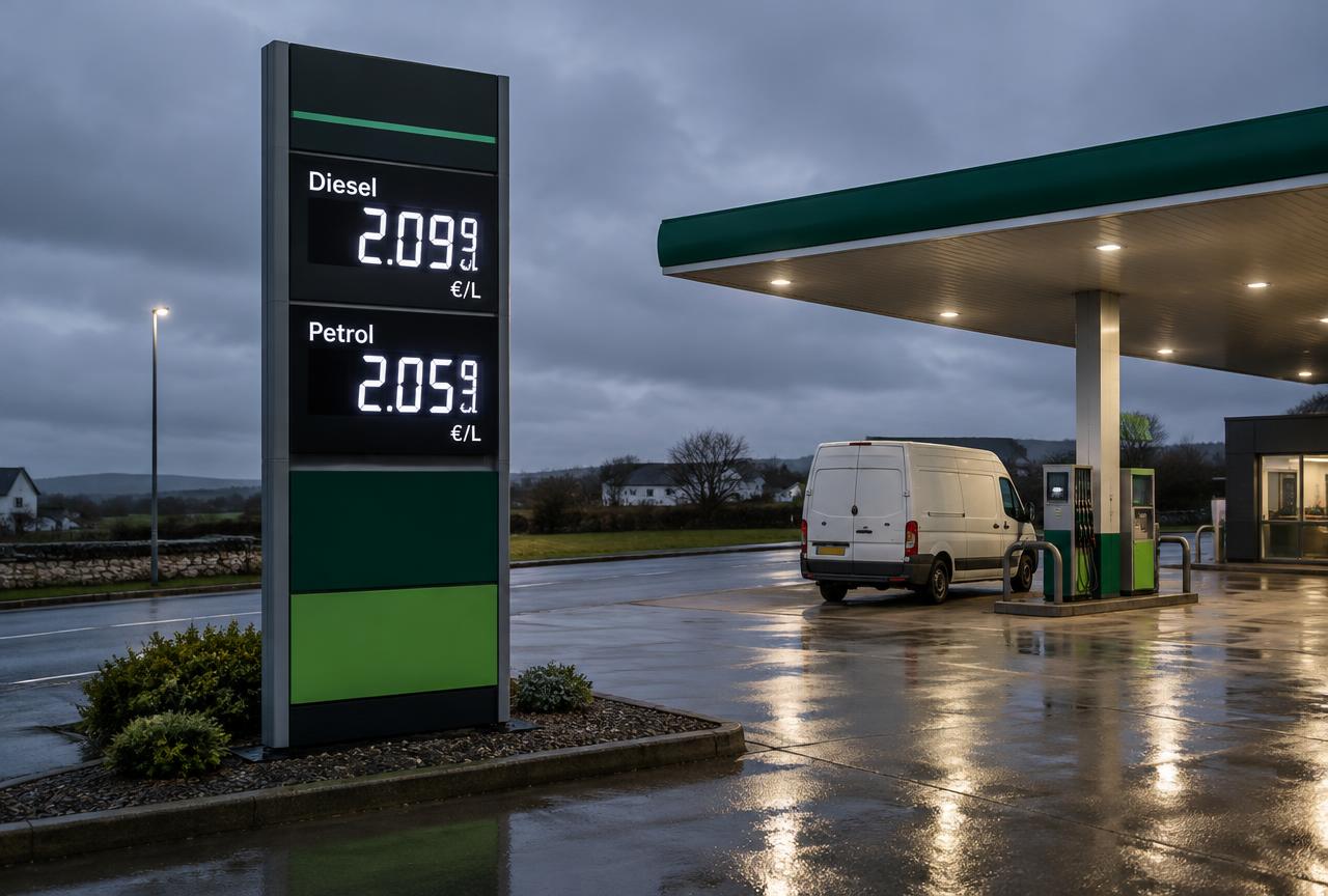 An Irish forecourt price sign showing diesel and petrol above €2 per litre, with a van refuelling
