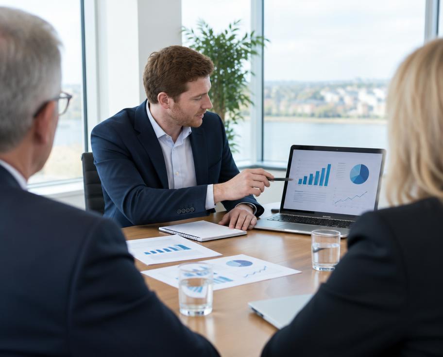 Entrepreneur presenting a business plan to lenders
