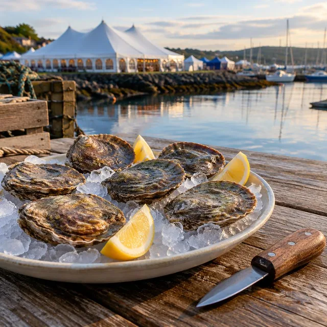 Fresh native oysters on crushed ice beside a Galway harbour festival marquee