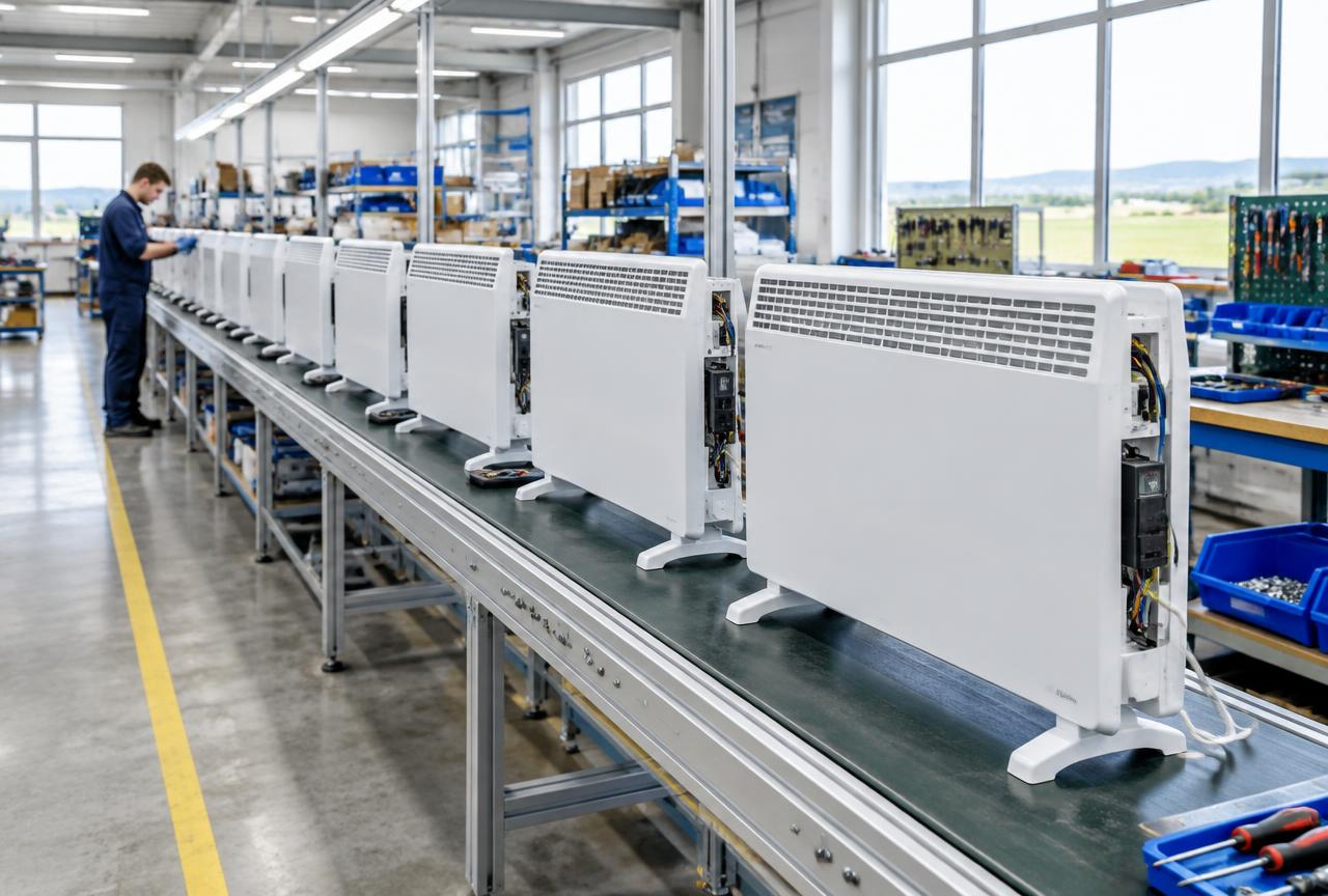 Electric heaters being assembled on a factory production line