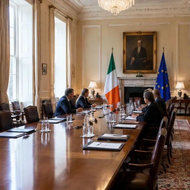 Government policy meeting with Irish and European flags