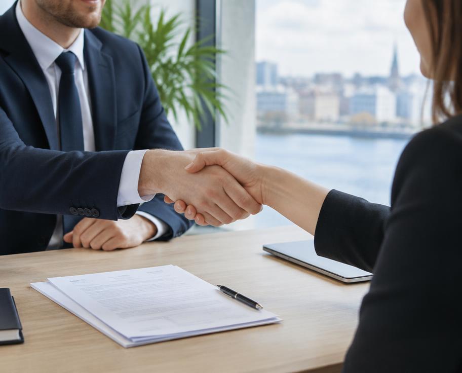 Job interview handshake in a modern Irish office