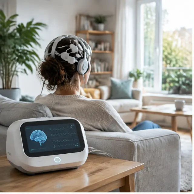 Home neurotechnology equipment in a bright living room