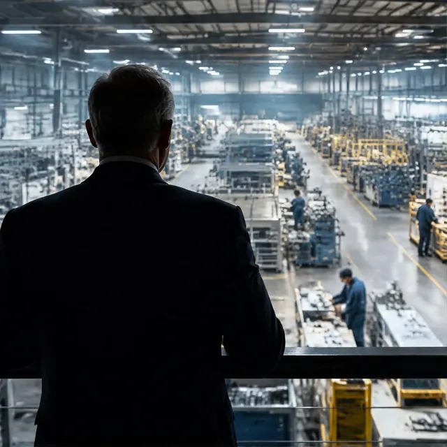 Irish industrial leader overlooking a factory