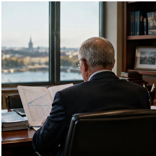 Investor reviewing company reports in a quiet office