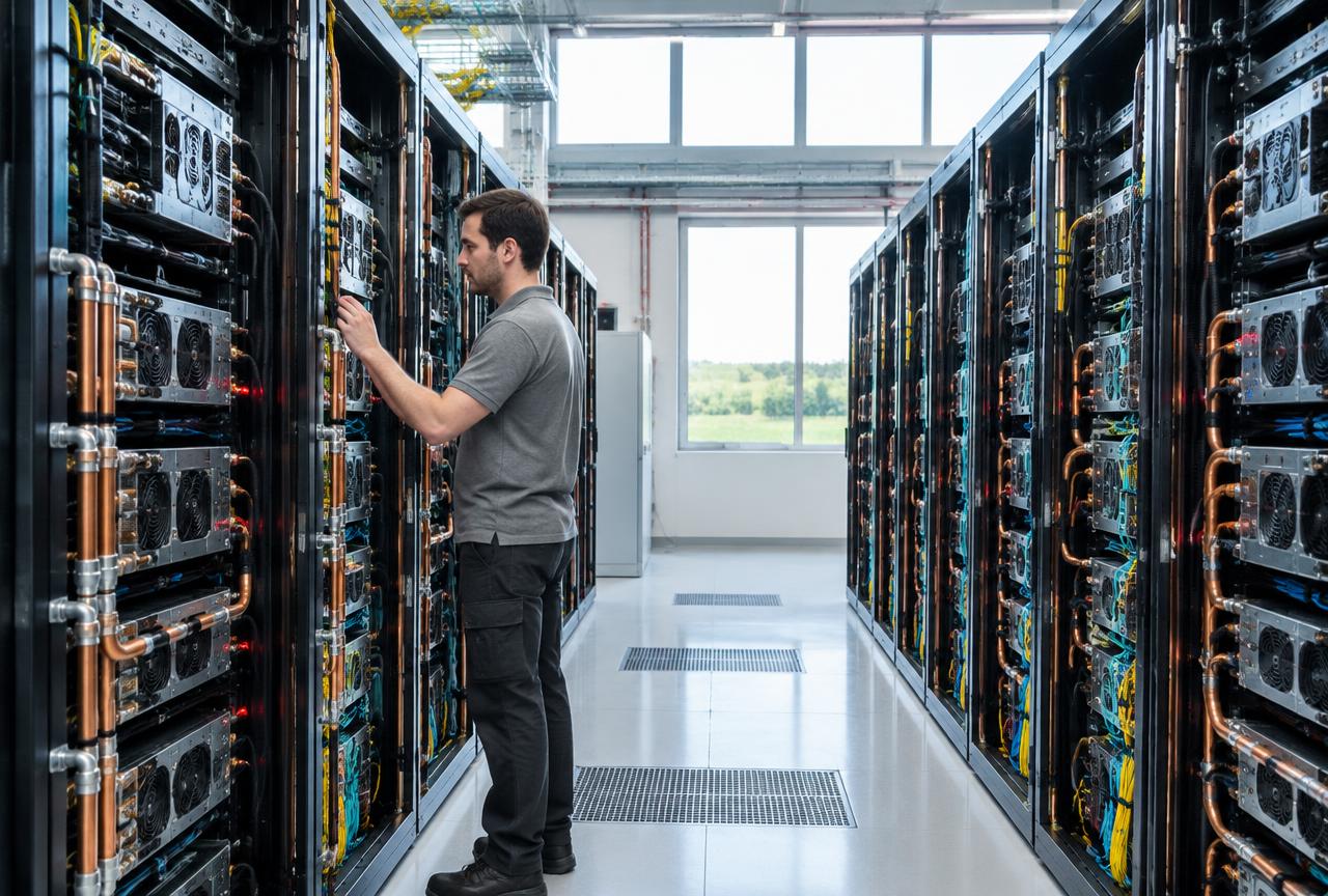 Illustrative AI data centre with GPU server racks, liquid-cooling pipes and an engineer inspecting the equipment
