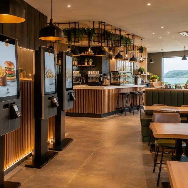 Modernised restaurant interior with digital ordering kiosks