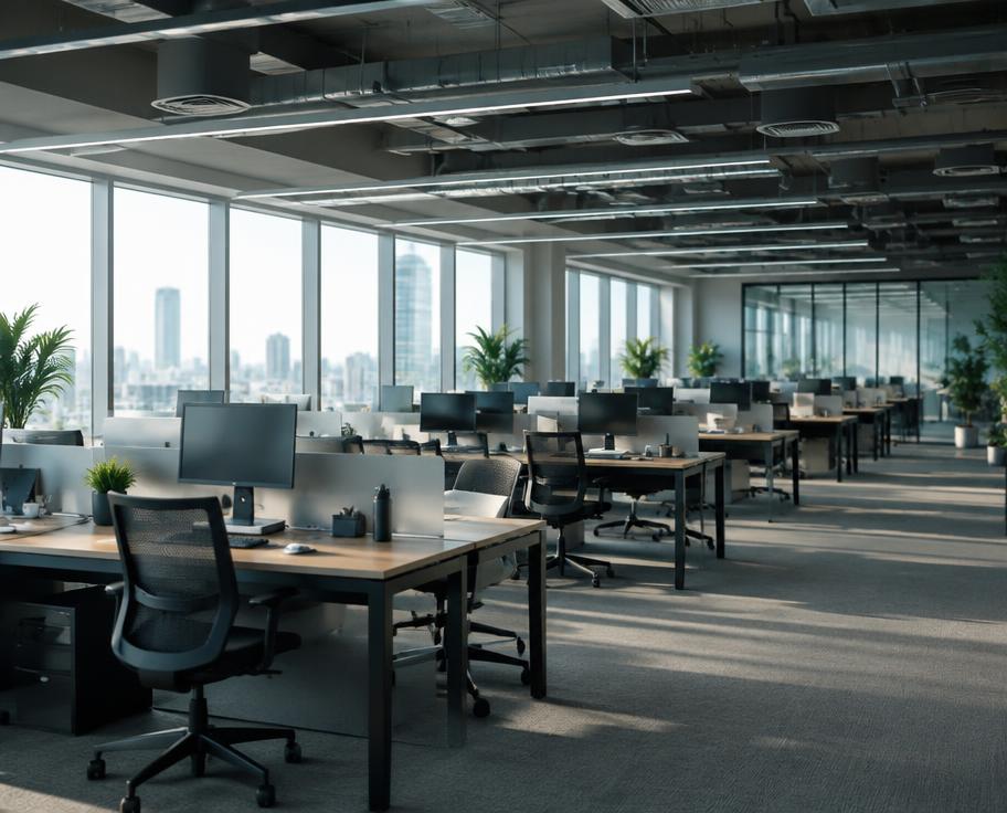 Tech company office floor with empty desks