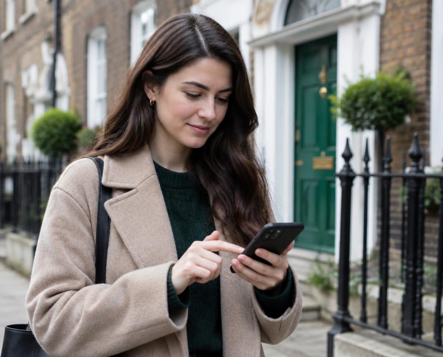 Person using a smartphone banking app on a Dublin street