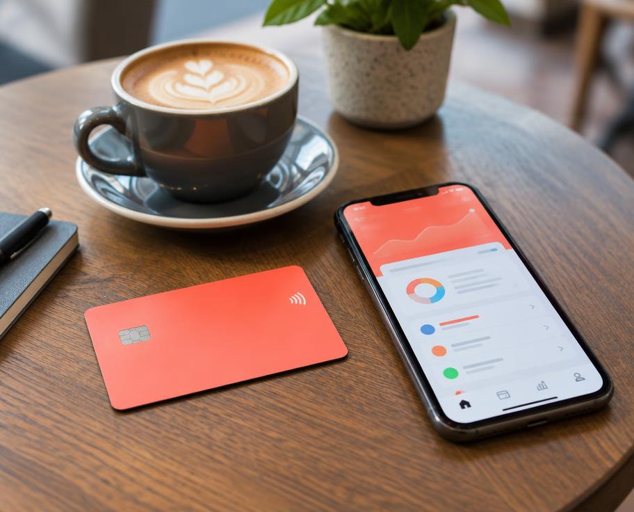 Coral payment card and banking app on a cafe table