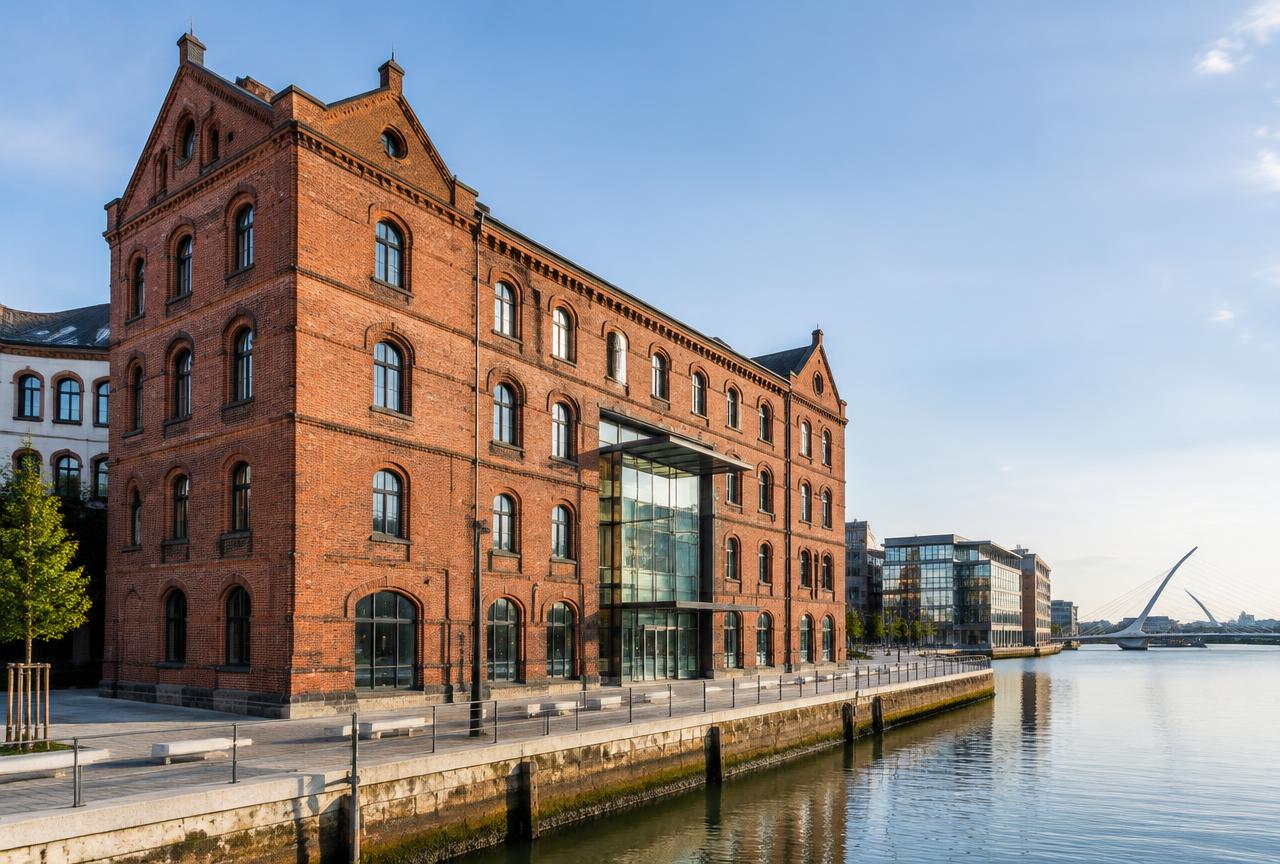 A restored red-brick warehouse on the Dublin Docklands quays beside the River Liffey