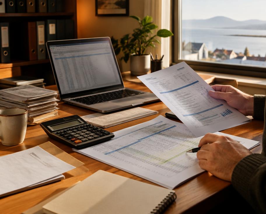 Accountant reviewing documents with a calculator
