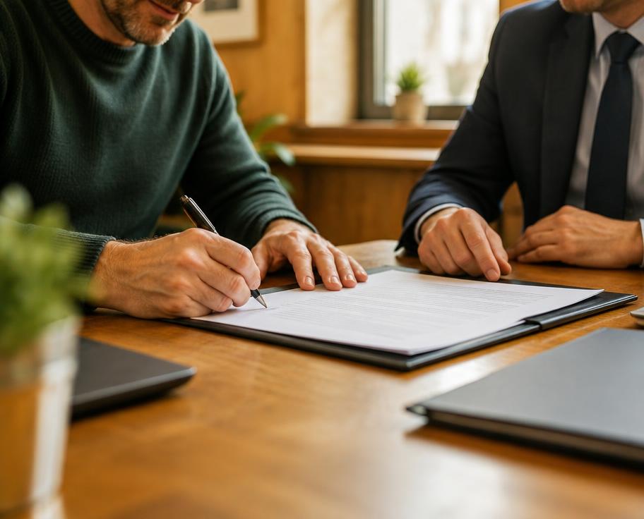 Business owner signing loan paperwork with an adviser