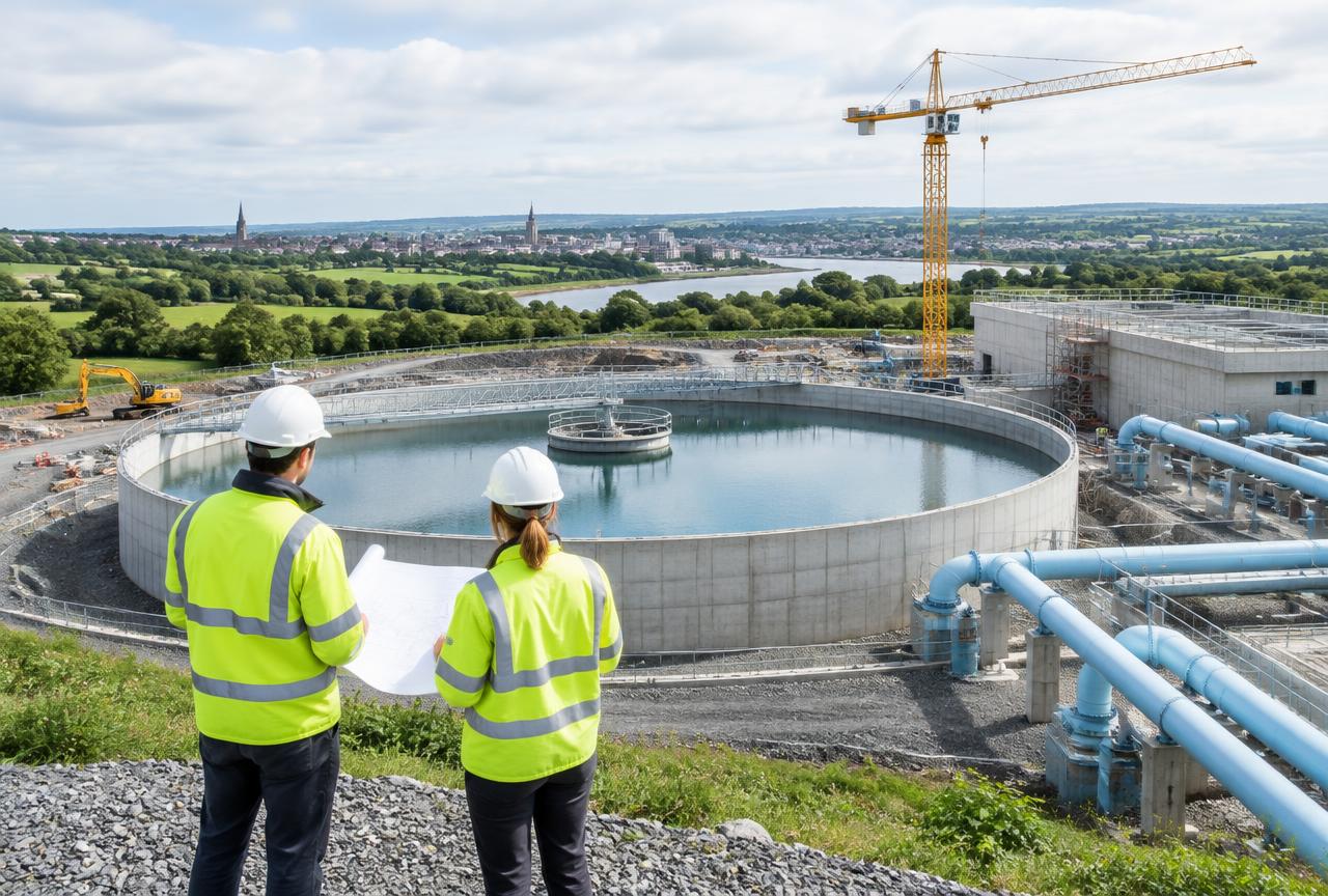 Illustrative Irish water infrastructure construction site with engineers reviewing plans beside a reservoir