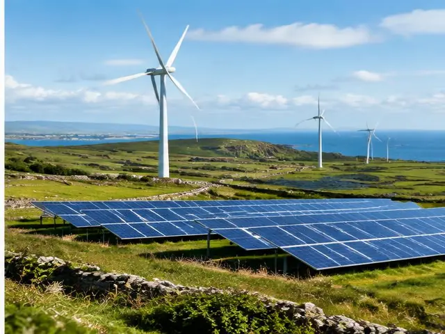 Wind turbines and solar panels in the Irish countryside