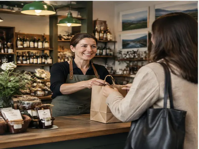 Irish independent business owner serving a customer