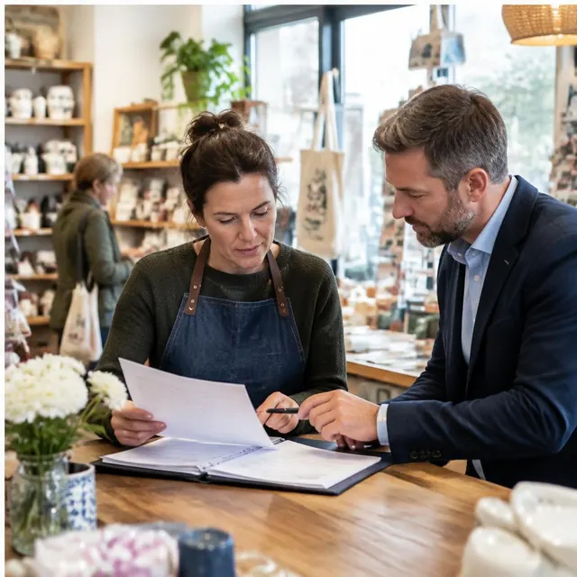 Irish small-business owner reviewing plans with an adviser