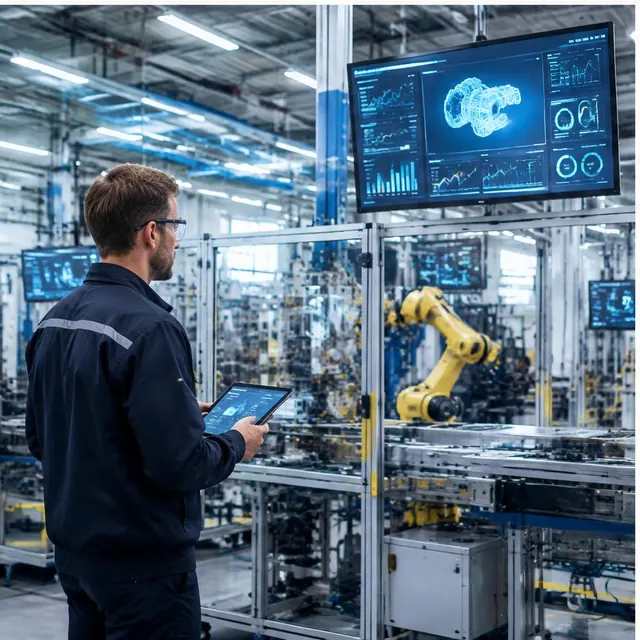 Engineer using digital tools on an advanced factory floor