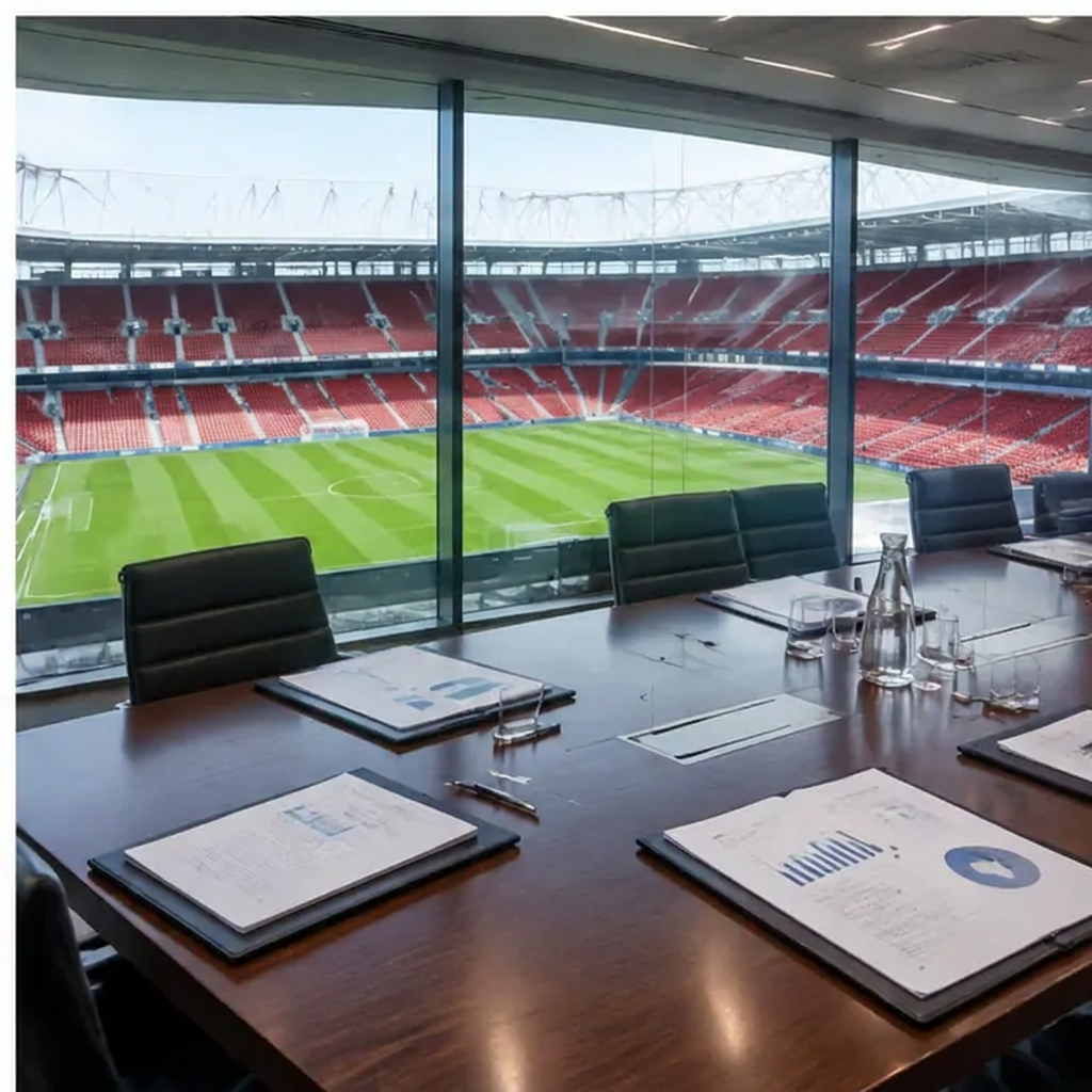 Boardroom overlooking a football stadium with red seats
