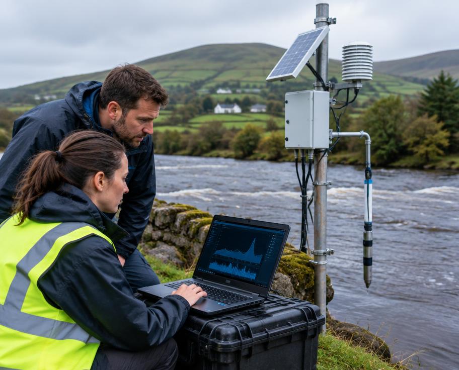 Engineers monitoring river sensor equipment