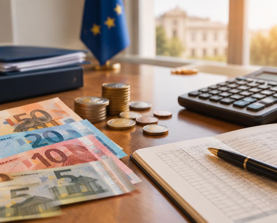 Euro notes and coins on a government office desk
