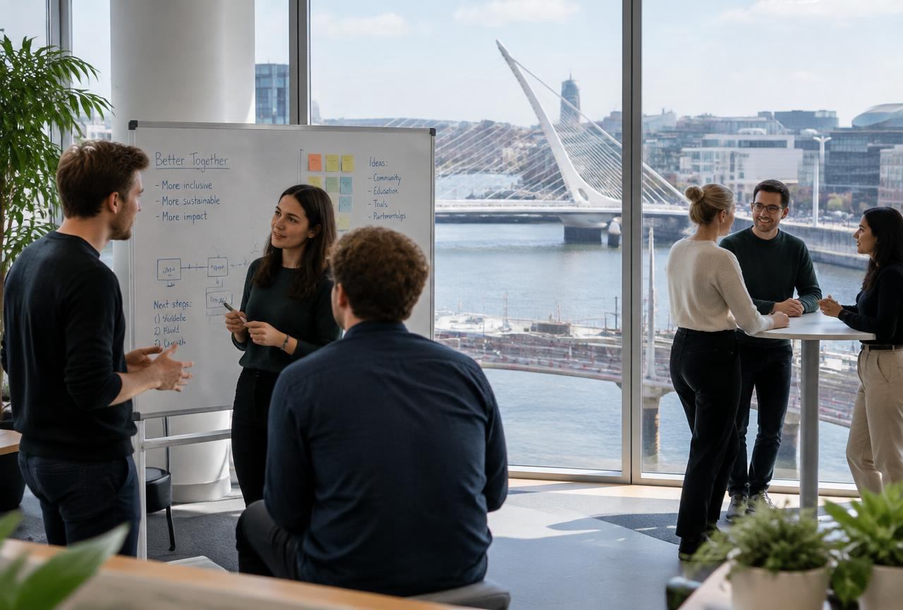 A modern Dublin tech office with teams collaborating by a whiteboard, the Samuel Beckett Bridge visible through the windows