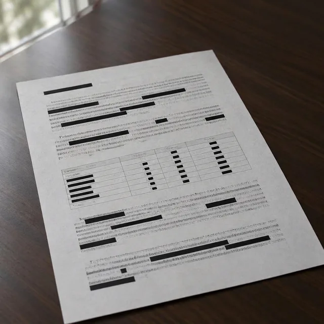 A printed contract with black redaction bars covering the confidential data