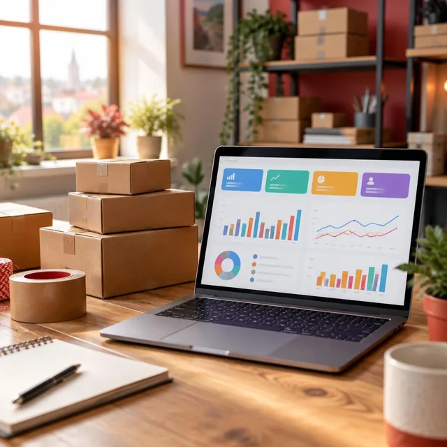 Laptop showing an analytics dashboard beside stacked shipping boxes