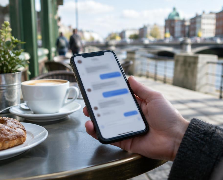 Smartphone messaging app held at a Dublin cafe