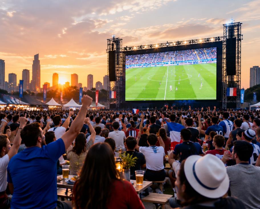 Football fans at an outdoor fan zone