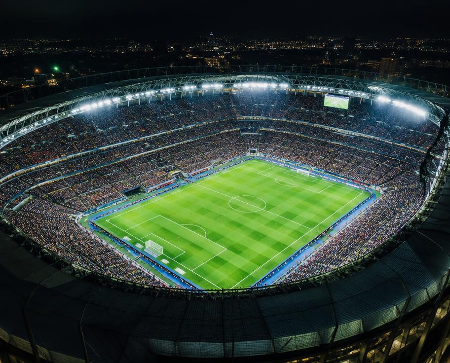 Packed soccer stadium under floodlights